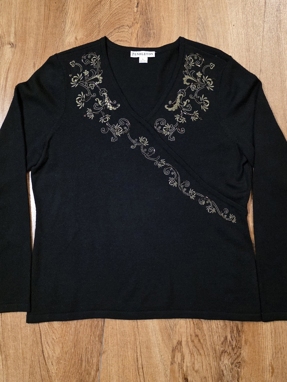 Pendleton Black Merino Wool Embroidered Beaded V Neck Sweater